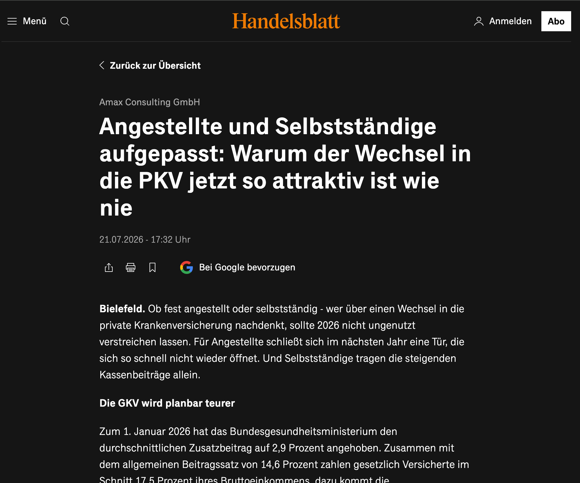 Presseartikel: Amax Consulting GmbH im Handelsblatt
